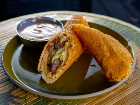 Cheeseburger Egg Rolls with Spicy Fancy Sauce
