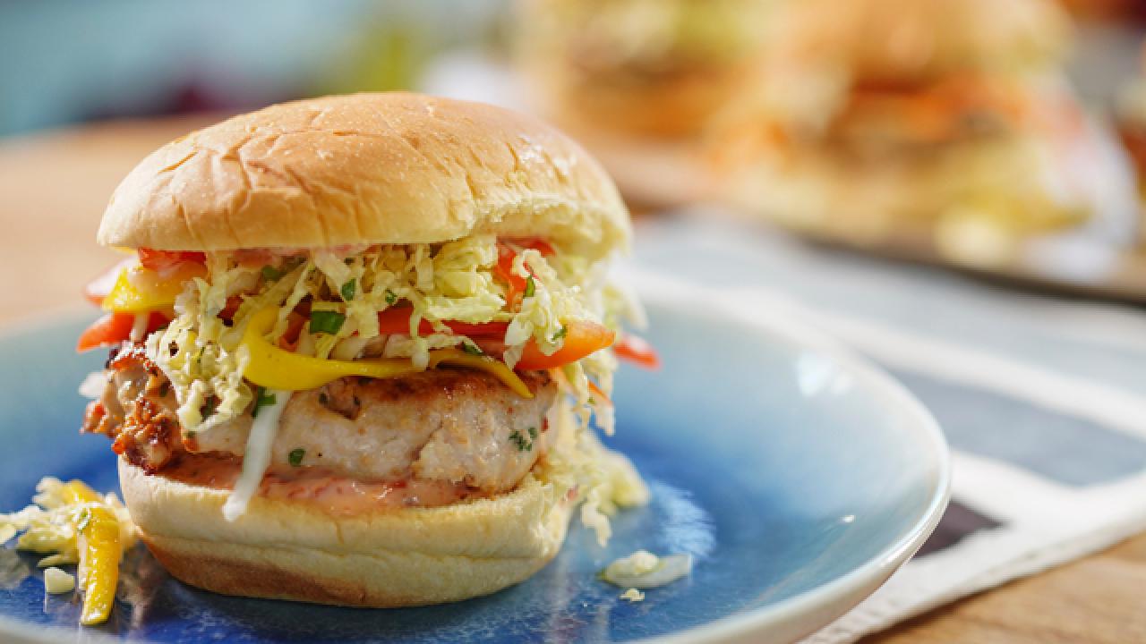 Honey Garlic Chile Burgers with Mango Slaw