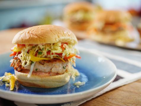Honey Garlic Chile Burgers with Mango Slaw