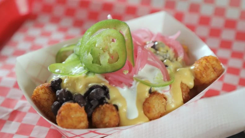 Totchos as served at Redheaded Stranger in Nashville, Tennessee, as seen on Diners, Drive-Ins and Dives, season 36.