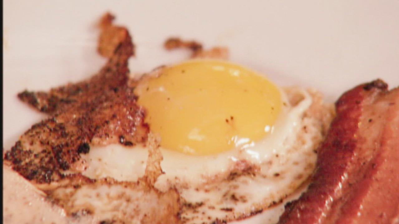 Spice-Rubbed Bacon with Fried Eggs and Toast "Soldiers"