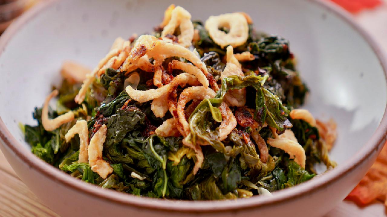 Greens with Crispy Onions and Chili Crisp