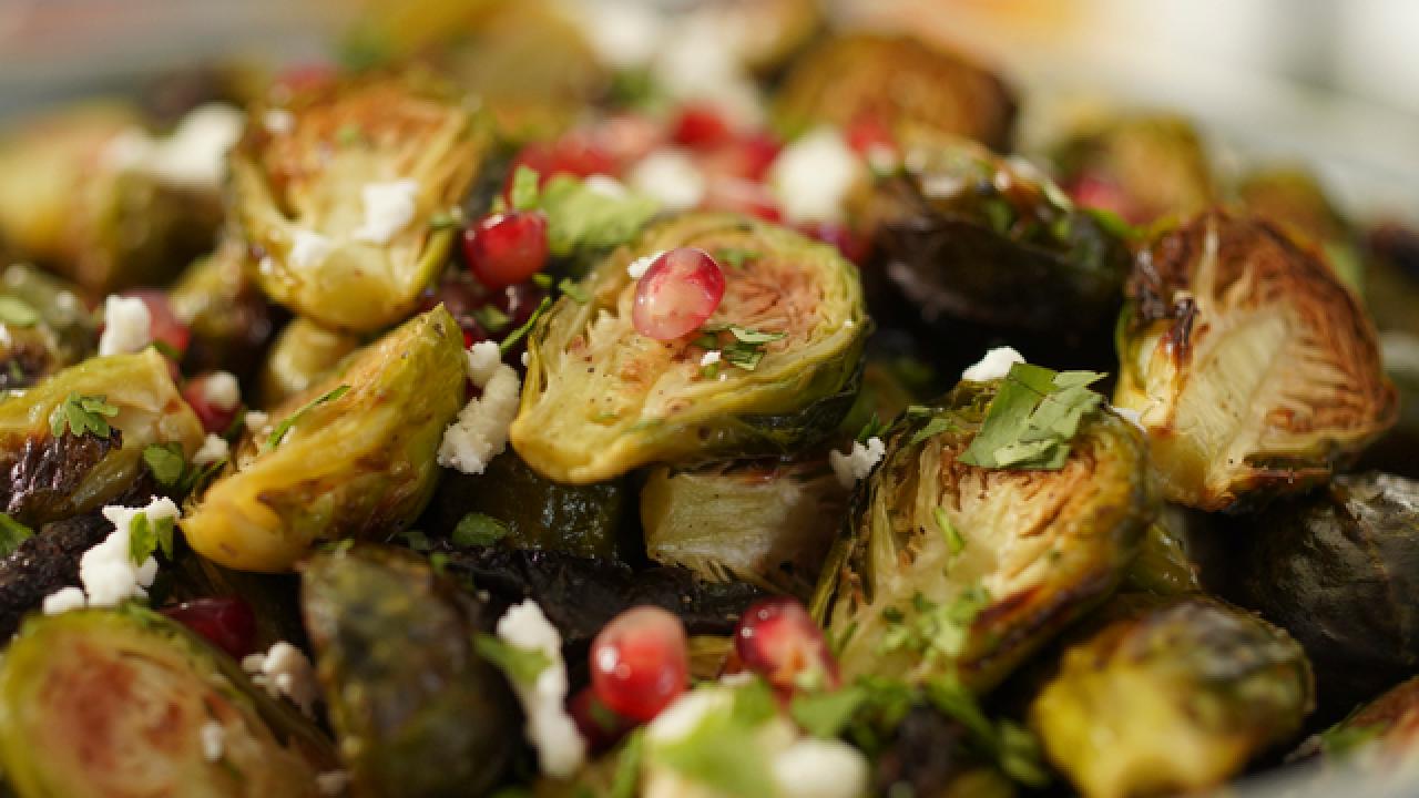 Roasted Brussels Sprouts with Pomegranate, Feta and Cilantro