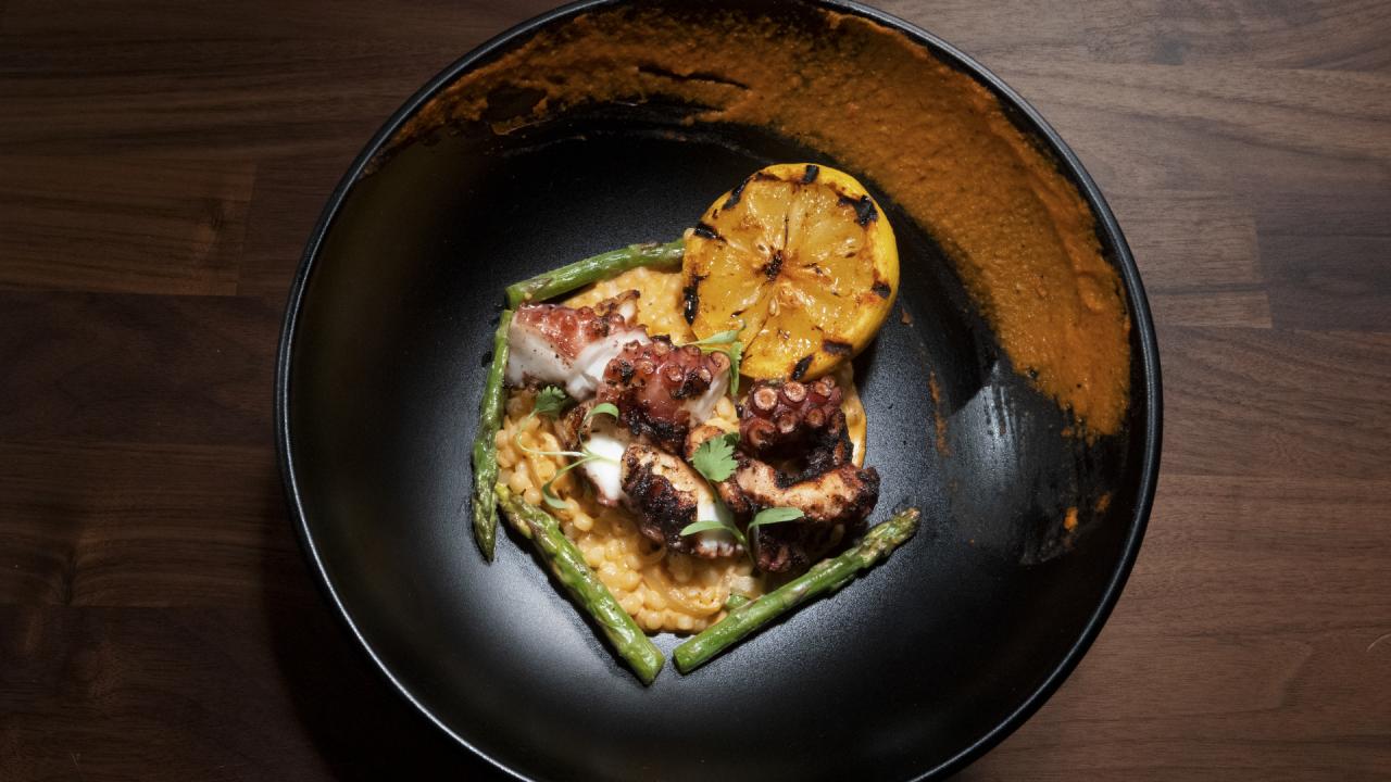 Grilled Octopus with Romesco and Vegetable Couscous