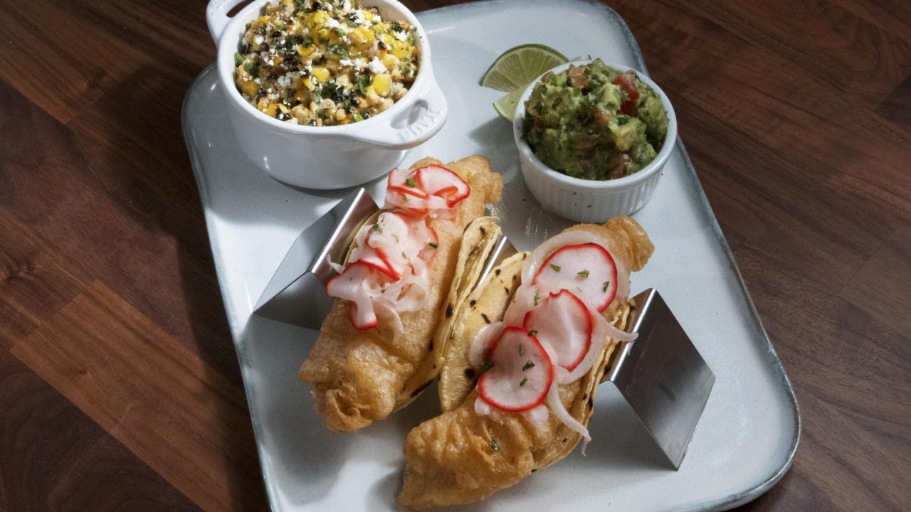 Fried Fish Tacos with Corn Salsa and Avocado Mousse
