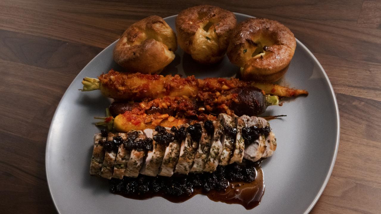 Pork Tenderloin with Yorkshire Pudding and Glazed Carrots