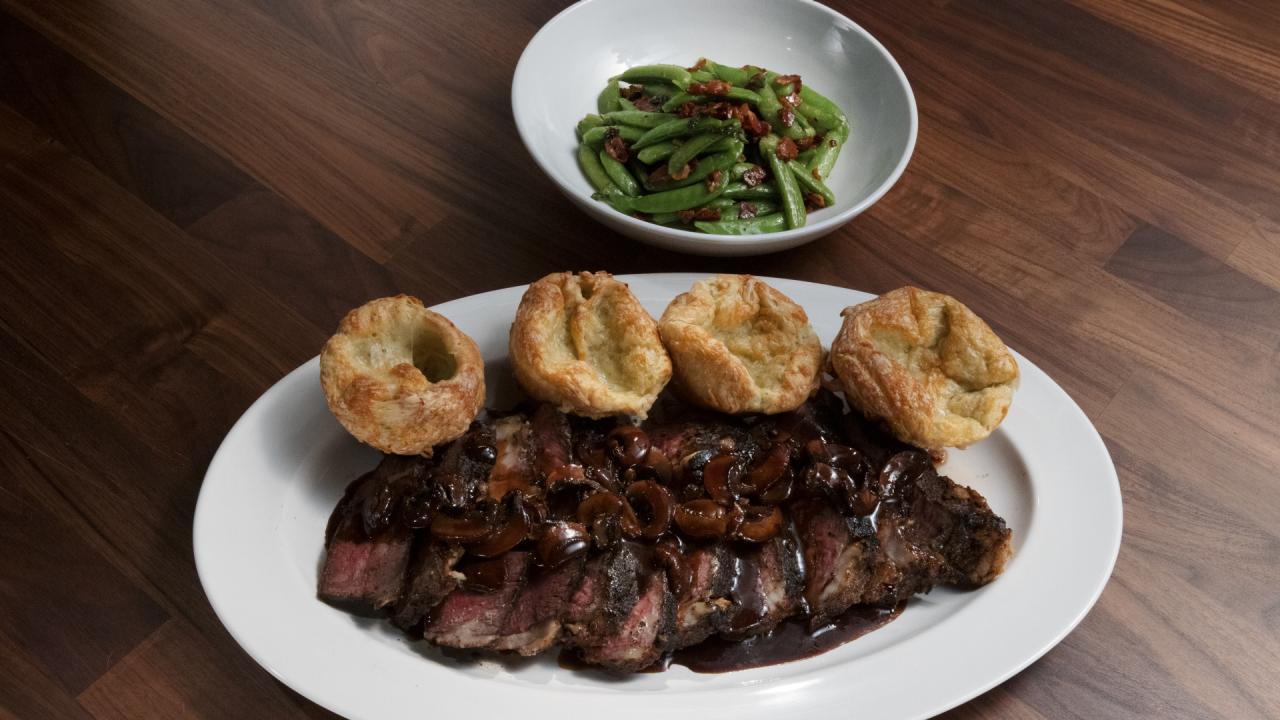 Dry-Rubbed Ribeye with Gruyere Yorkshire Puddings