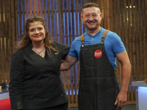 Chef Alex Guarnaschelli and home cook Jimmy Chao pose for a photo, as seen on Food Network's Outchef'd, season 1.
