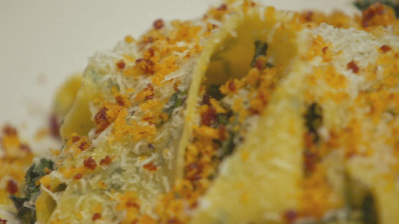 Kale Noodles with Chorizo Breadcrumbs and Parmesan Cheese