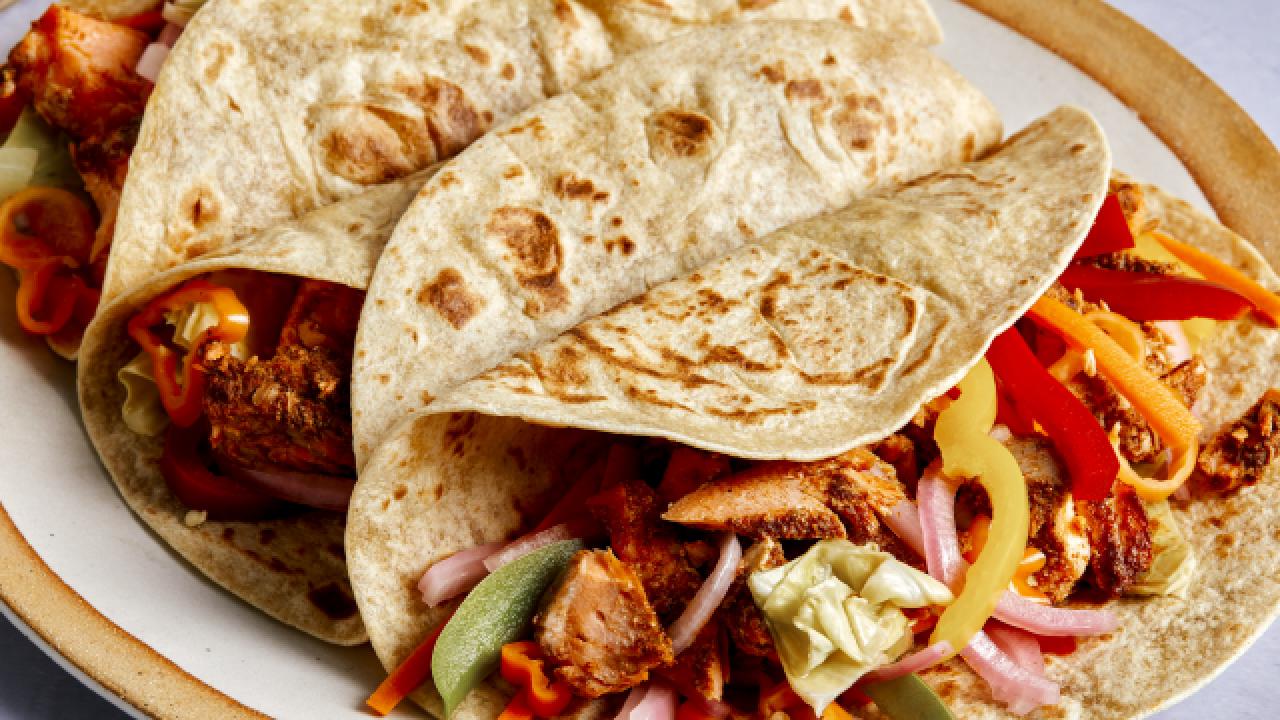 Jerk Salmon Roti with Hot Pepper Pickles