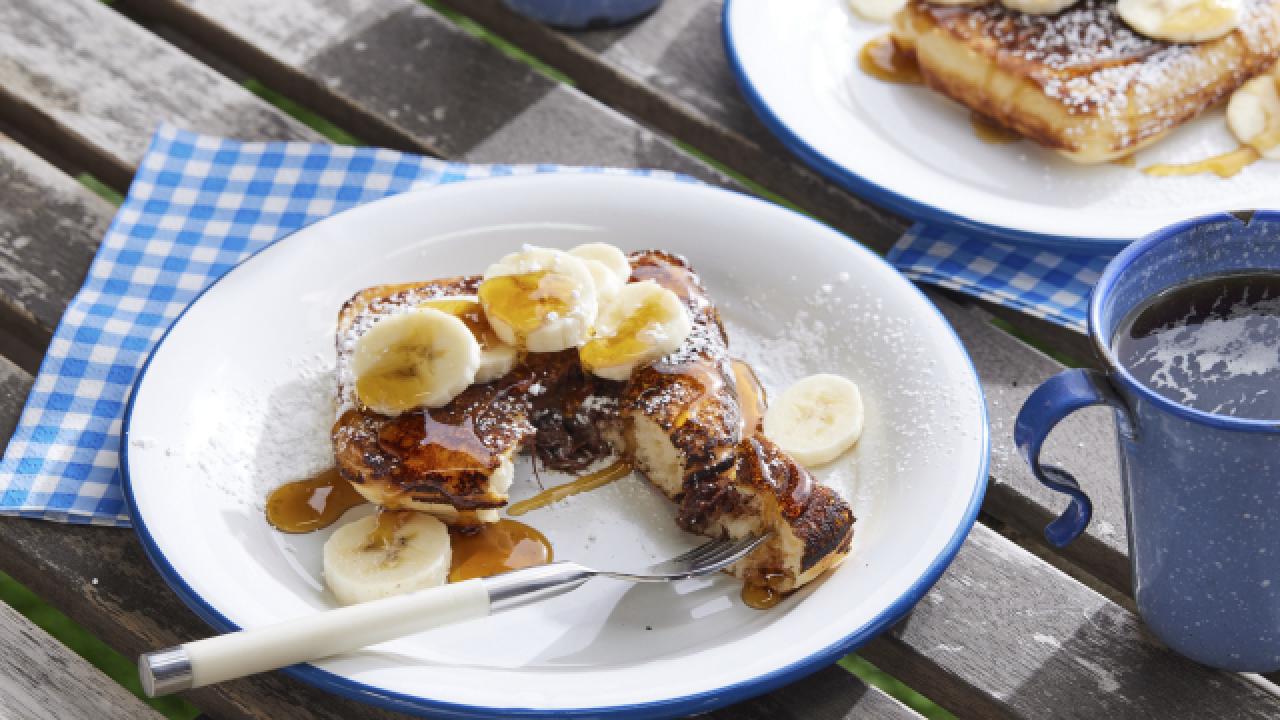 Pie Iron Chocolate and Banana Stuffed Pancakes