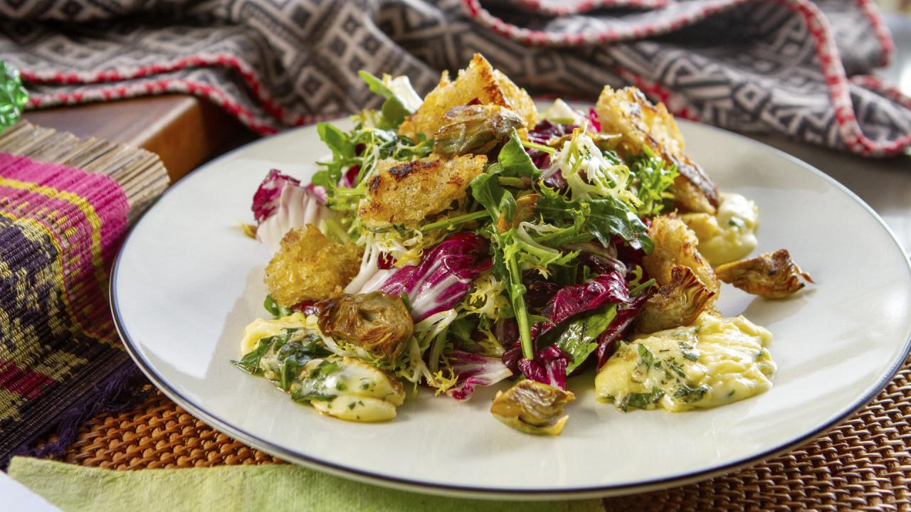 Warm Bread Salad with Roasted Baby Artichoke and Marinated Crescenza