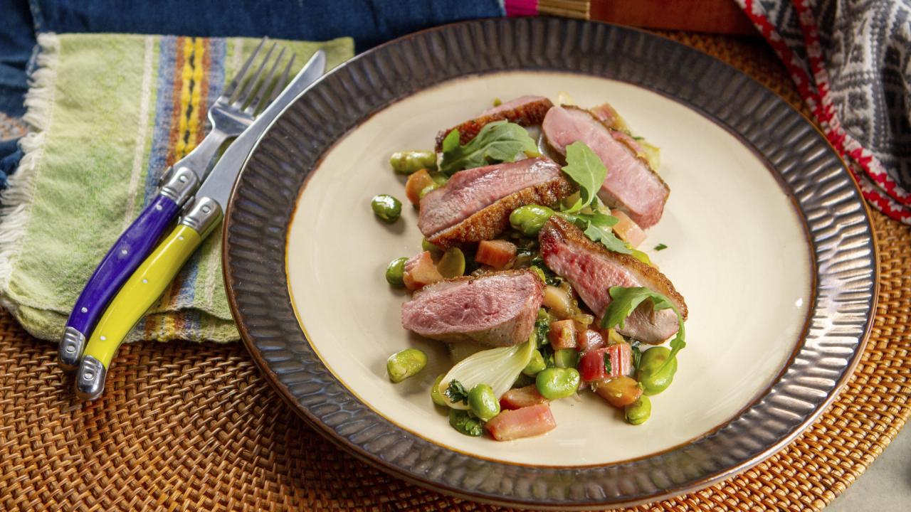 Duck Breast with Rhubarb, Spring Onions and Fava Beans