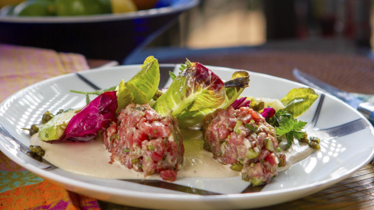Steak Tartare with Tonnato Sauce, Chicories, Avocado and Frico