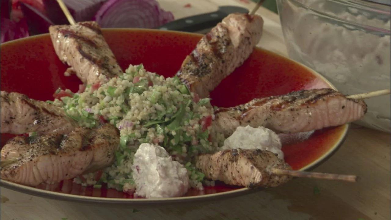 Spiced Salmon Kebabs with Yogurt Sauce