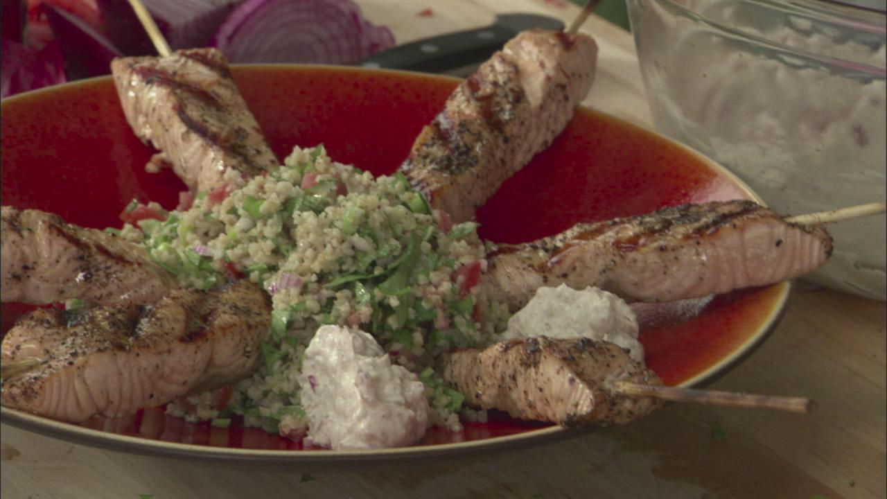 Spiced Salmon Kebabs with Yogurt Sauce