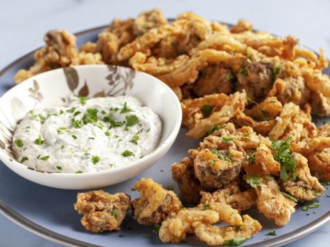 Fried Mushrooms and Onions with Lemon Dill Cream