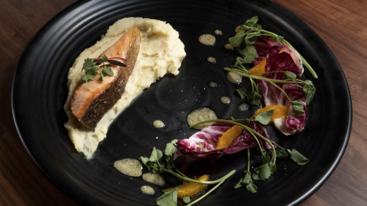Crispy Salmon with Sweet Potatoes and Radicchio Salad