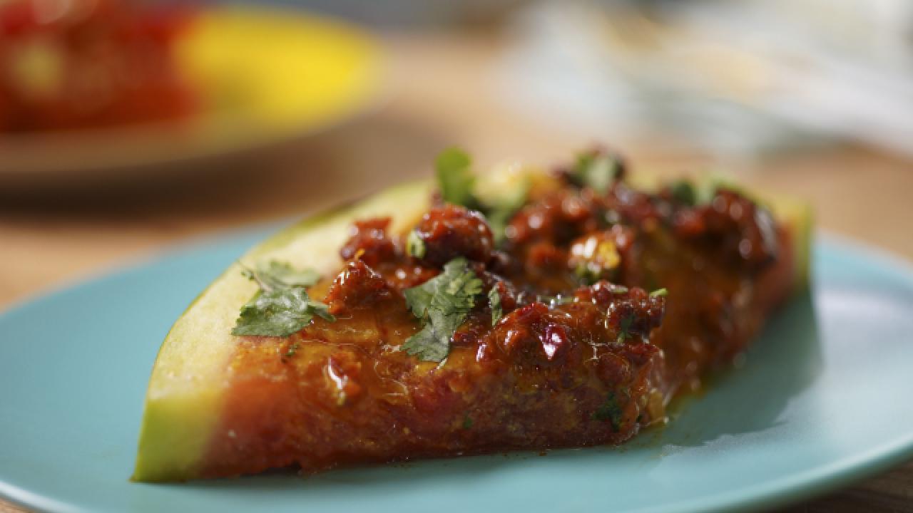 Sunny's Watermelon Pizza with Chorizo and Mustard BBQ Sauce