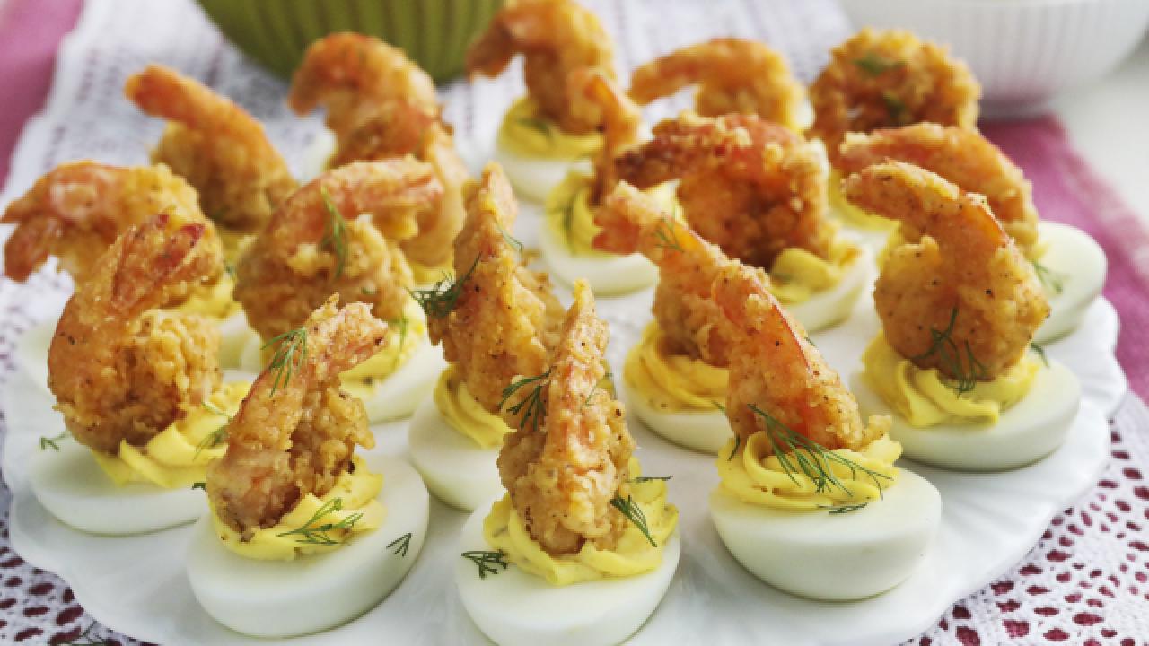 Deviled Eggs with Fried Shrimp