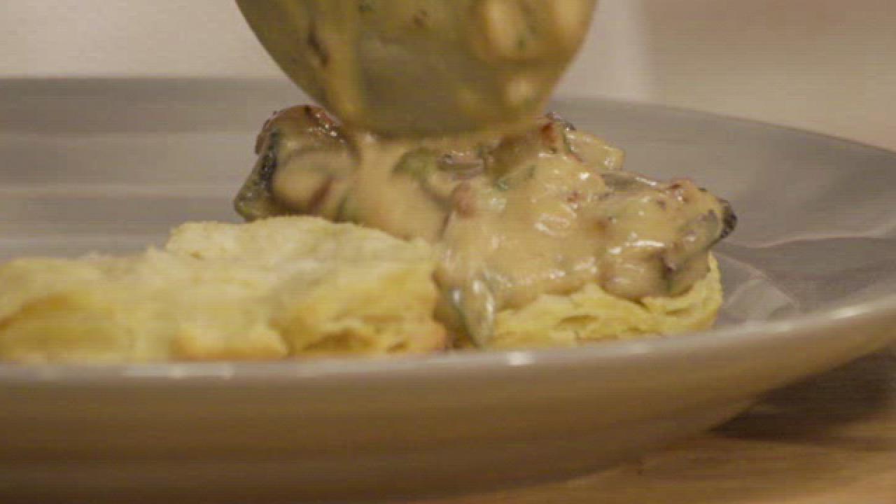 Eggs and Biscuits with Sausage, Sage and Mushroom Gravy