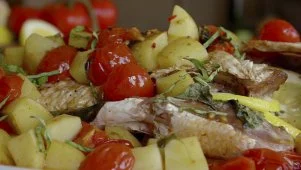 Moist Roasted Whole Red Snapper with Tomatoes, Basil and Oregano