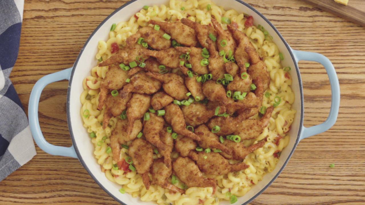 Queso Baked Mac and Cheese with Crispy Butterfly Shrimp