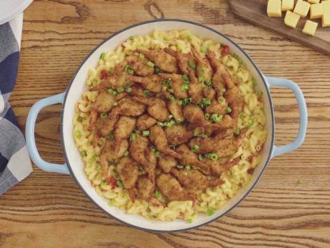 Queso Baked Mac and Cheese with Crispy Butterfly Shrimp