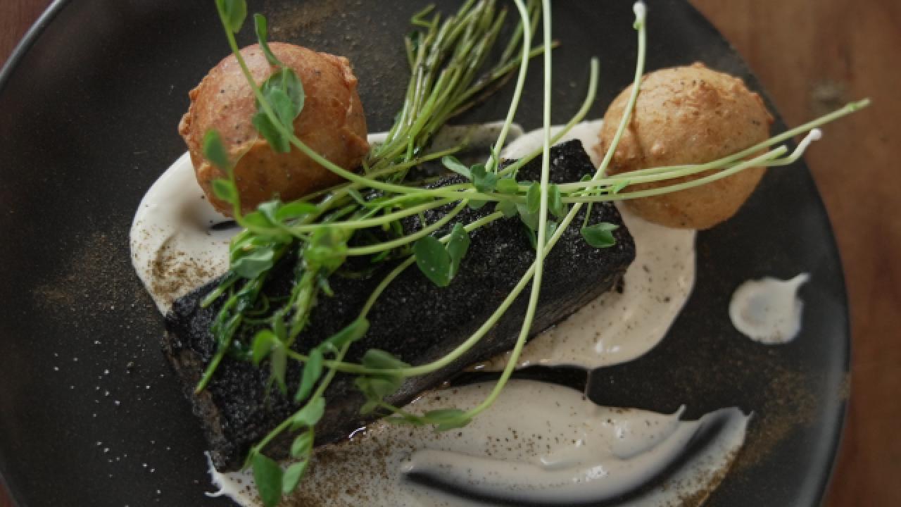 Blackened Salmon with Everything Bagel Fritters