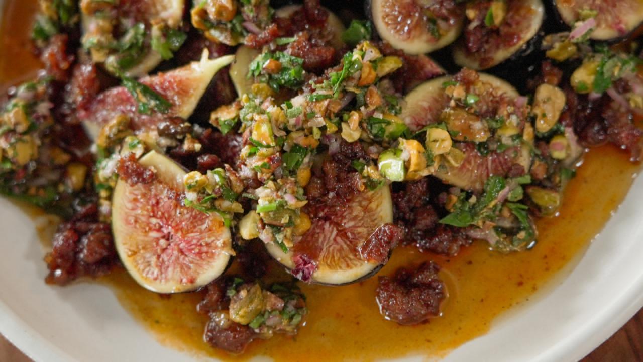 Black Mission Figs with Pistachio Relish and Warm Chorizo Honey