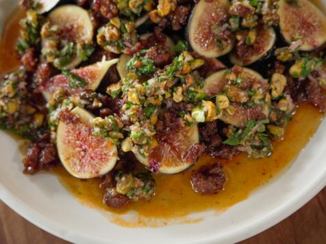 Black Mission Figs with Pistachio Relish and Warm Chorizo Honey
