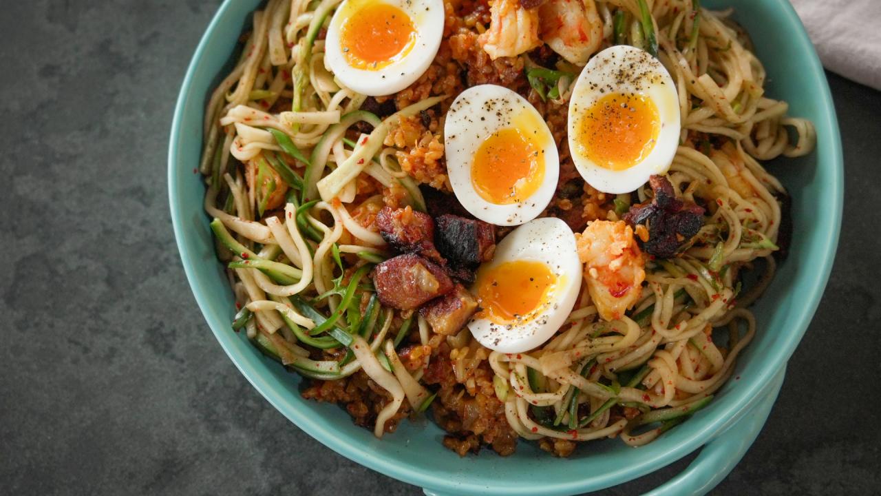 Shrimp Rice and Pork Belly with Cucumber Kimchi Salad