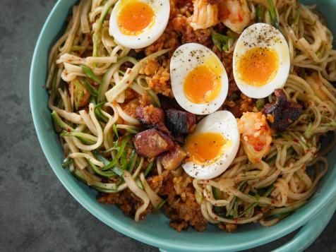 Shrimp Rice and Pork Belly with Cucumber Kimchi Salad