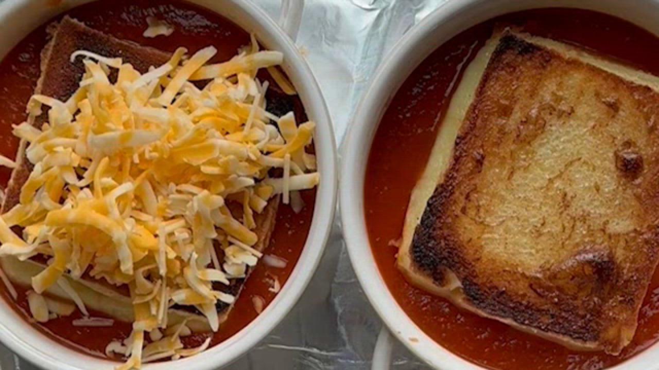 Crispy Grilled Cheese-Topped Tomato Soup
