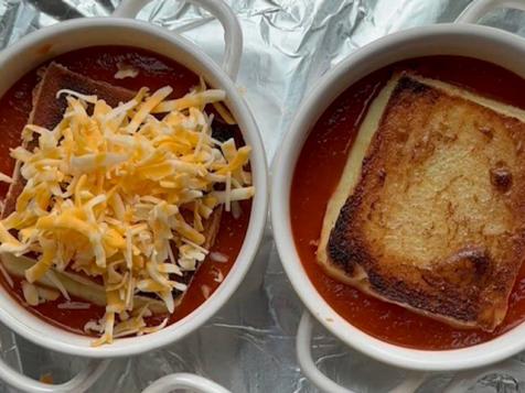 Crispy Grilled Cheese-Topped Tomato Soup