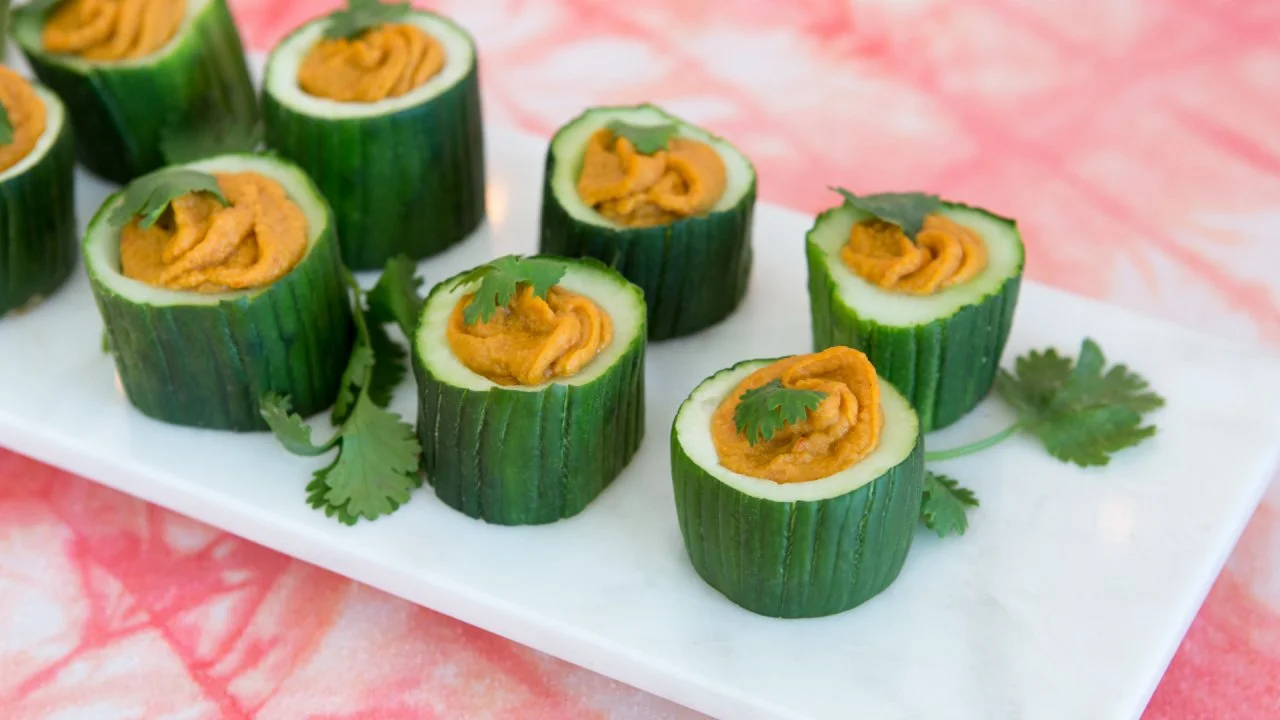 Red Pepper Hummus in Cuke Cups