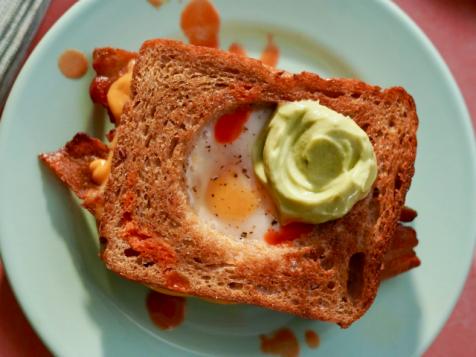 Grilled Bacon, Egg and Cheese in a Basket with Avocado Dip