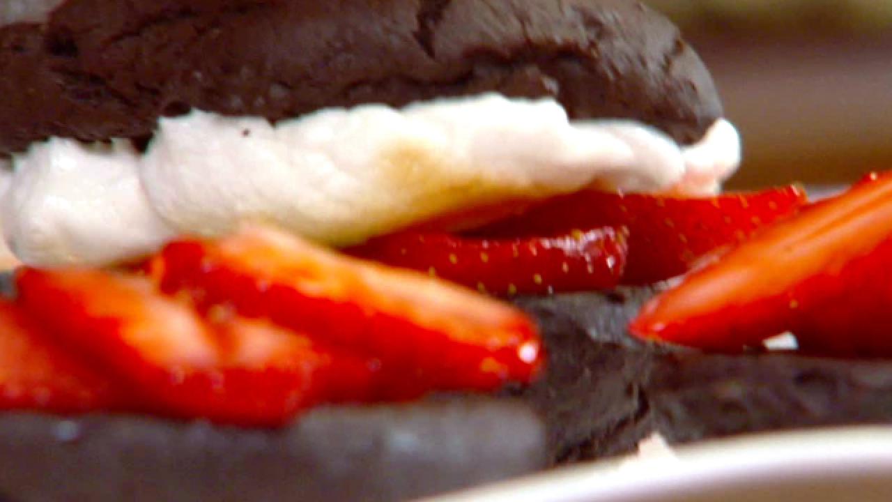 Chocolate Whoopie Pies with Fresh Strawberries and Bruleed Marshmallows