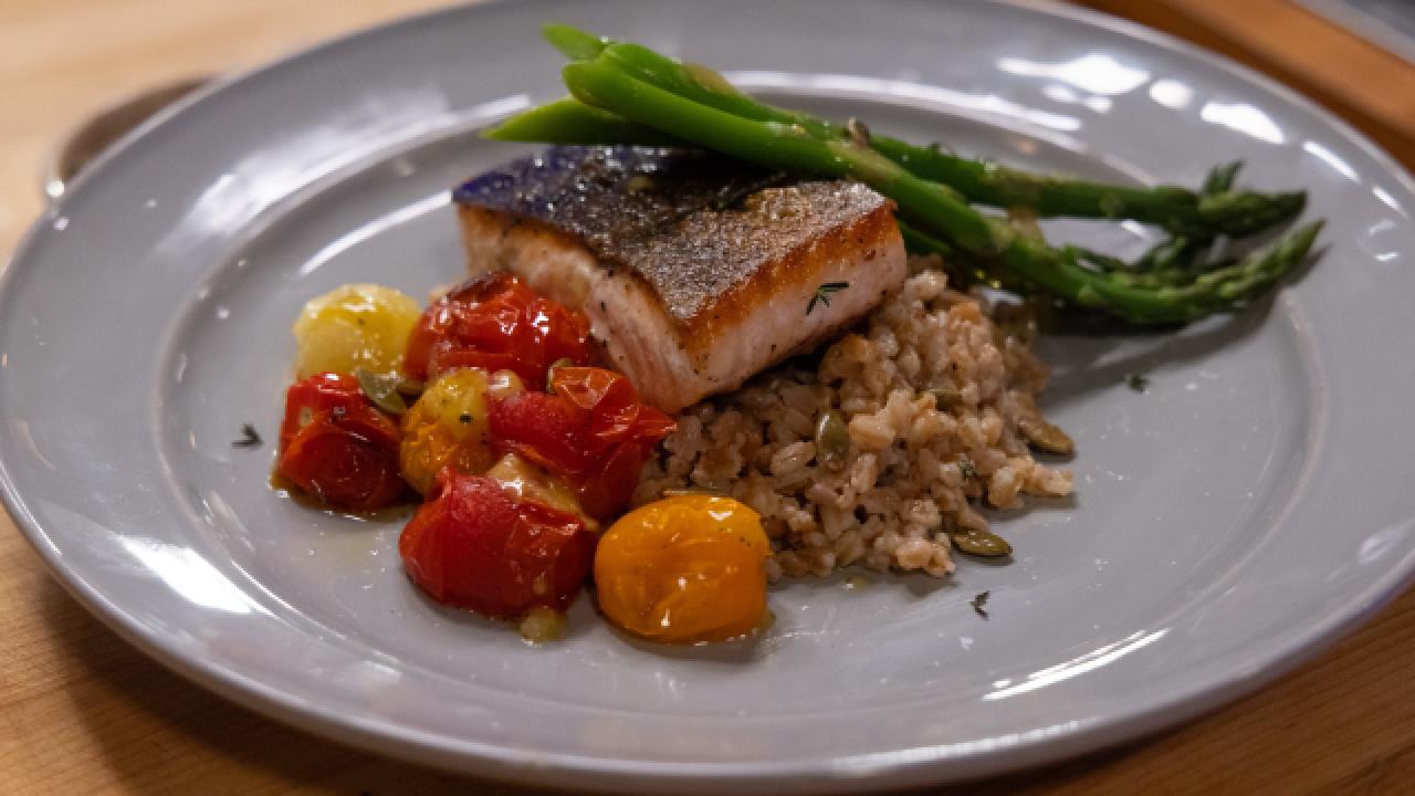 Crispy Skin Salmon with Cherry Tomatoes and Farro