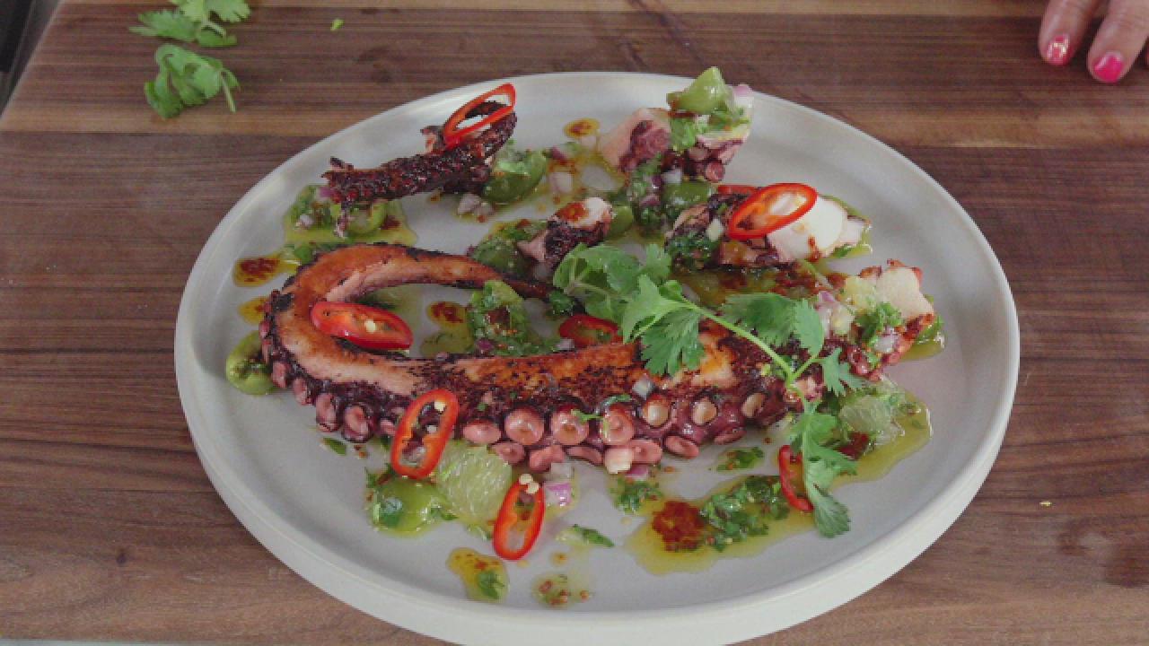 Octopus with Lemon, Castelvetrano Olives, Harissa and Cilantro