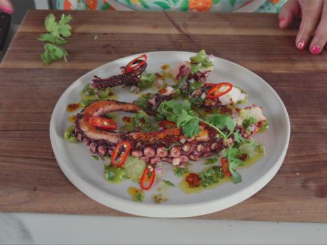 Octopus with Lemon, Castelvetrano Olives, Harissa and Cilantro