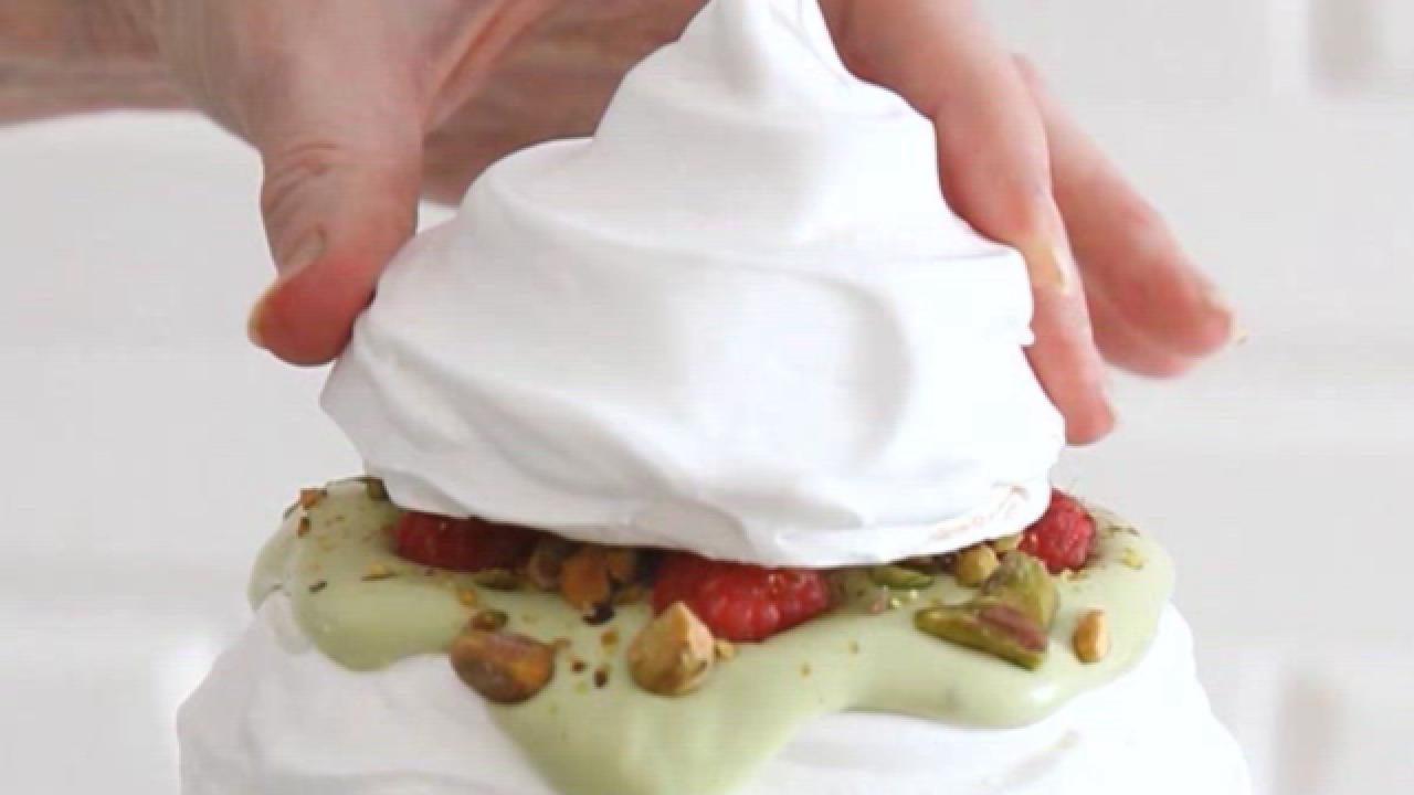 Christmas Tree Pavlova with Pistachio Cream and Raspberries