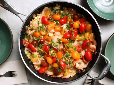 Dumpling Wrapper Stir-Fry with Miso Shrimp and Corn