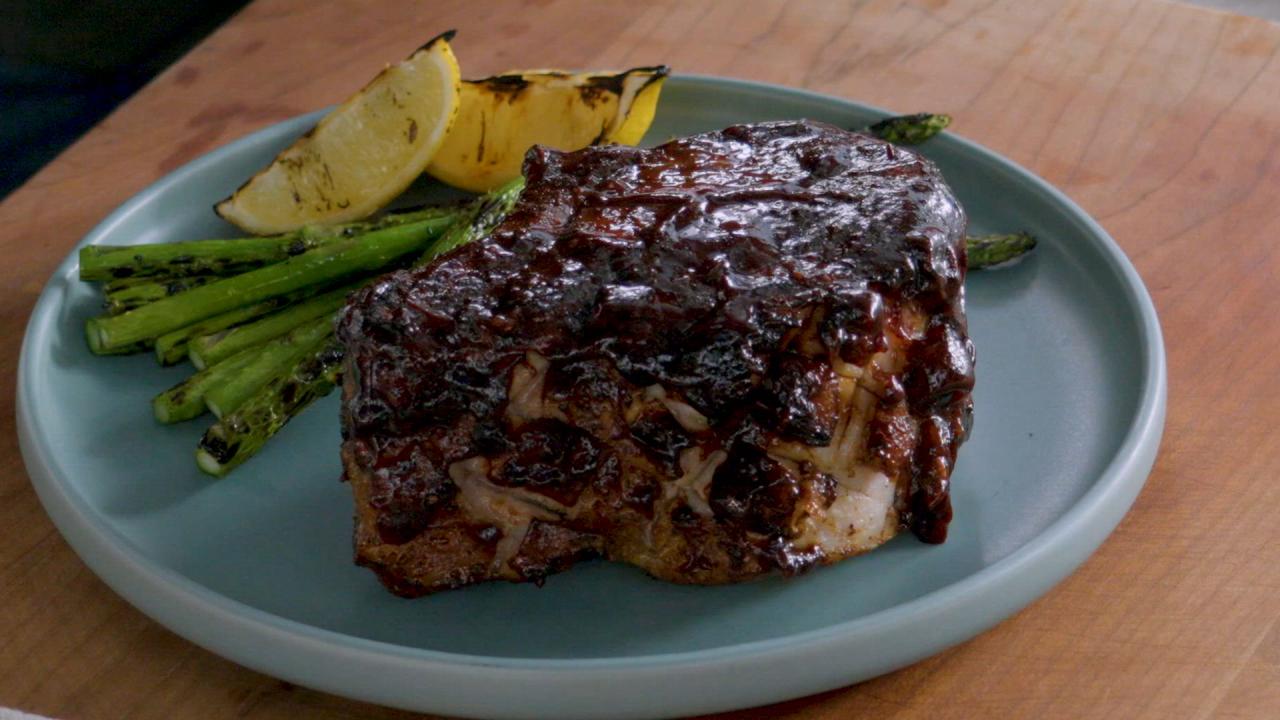Double-Cut Bone-In Pork Chops with a Blueberry-Chipotle BBQ Glaze