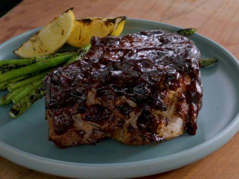 Double-Cut Bone-In Pork Chops with a Blueberry-Chipotle BBQ Glaze