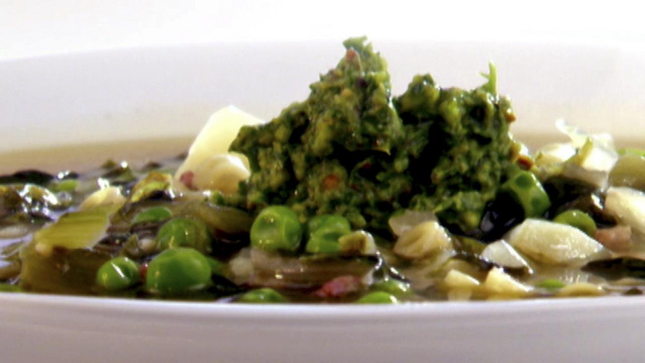 Pea and Potato Soup With Pesto