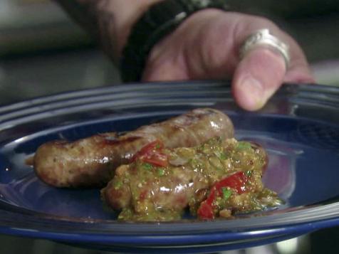 Grilled Beer Brats with Peppers and Onions