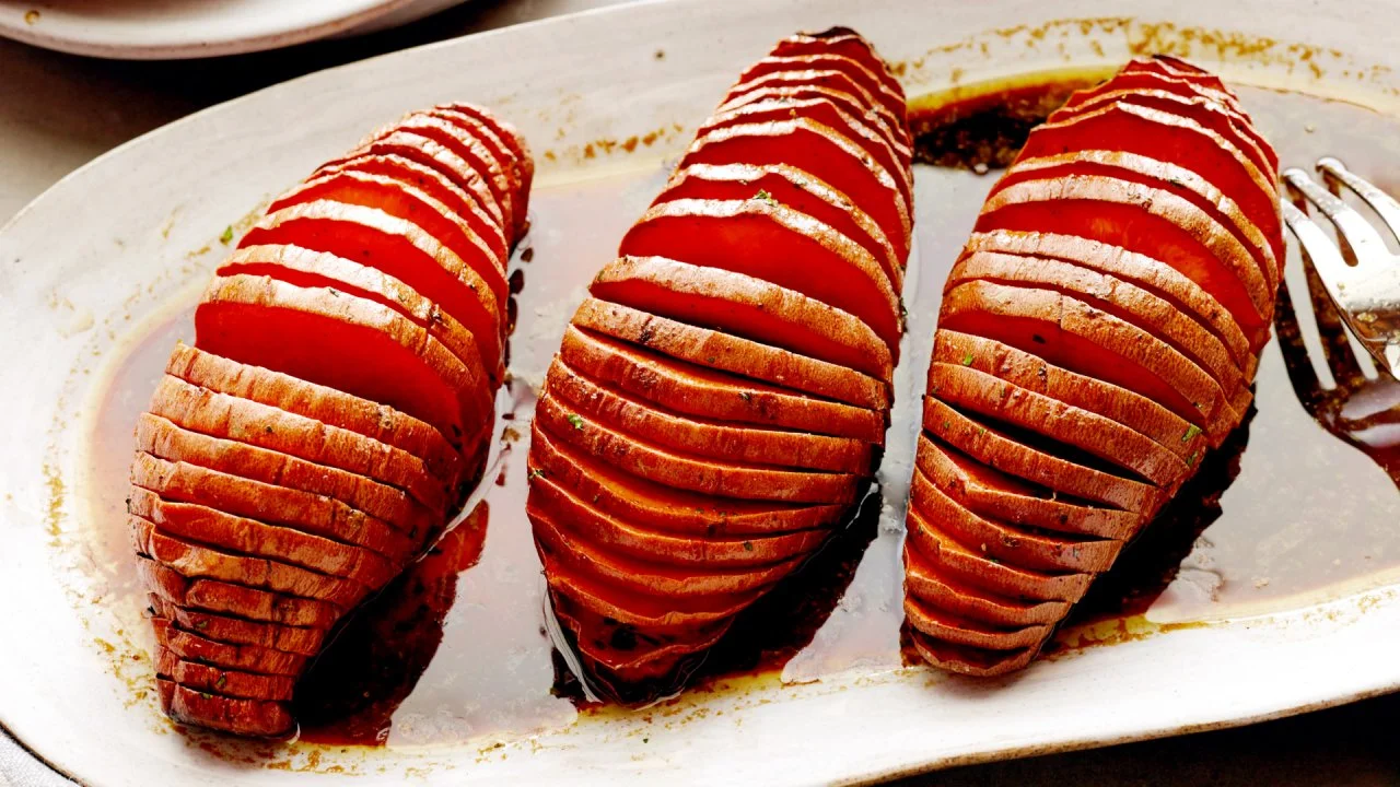 Grilled Hassleback Sweet Potatoes with Molasses-Nutmeg Butter