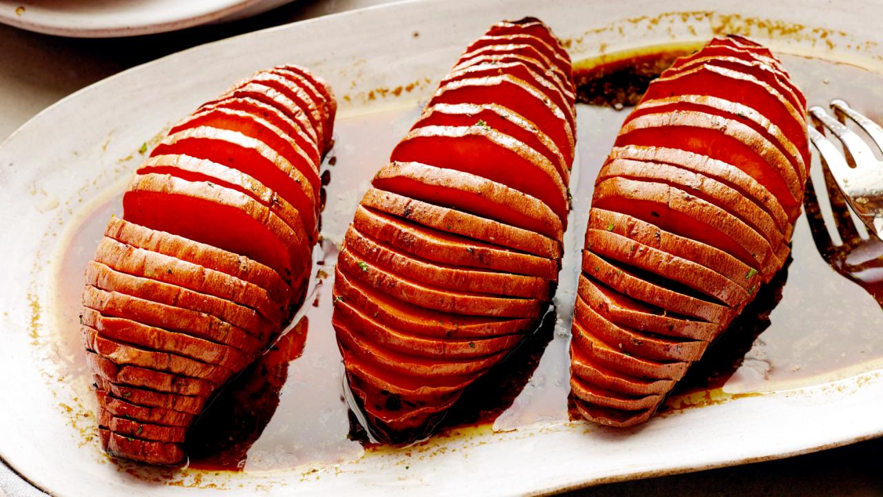 Grilled Hassleback Sweet Potatoes with Molasses-Nutmeg Butter