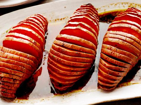 Grilled Hassleback Sweet Potatoes with Molasses-Nutmeg Butter